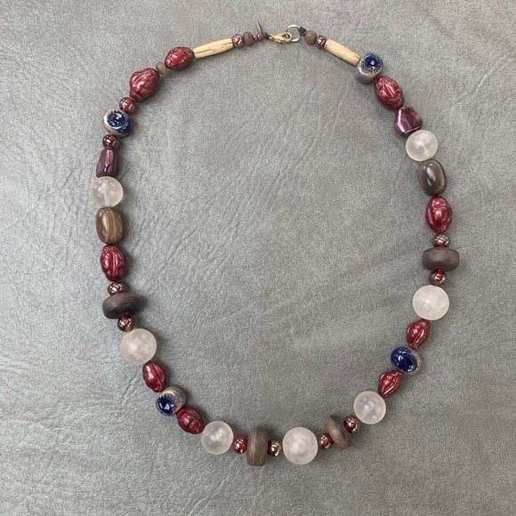 Red, Blue, White, and Brown Beaded Necklace - Picture 2 of 6